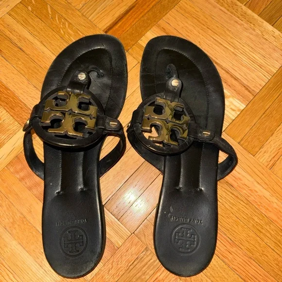 Tory Burch Black Miller Sandals with Silver Logo - Picture 3 of 4